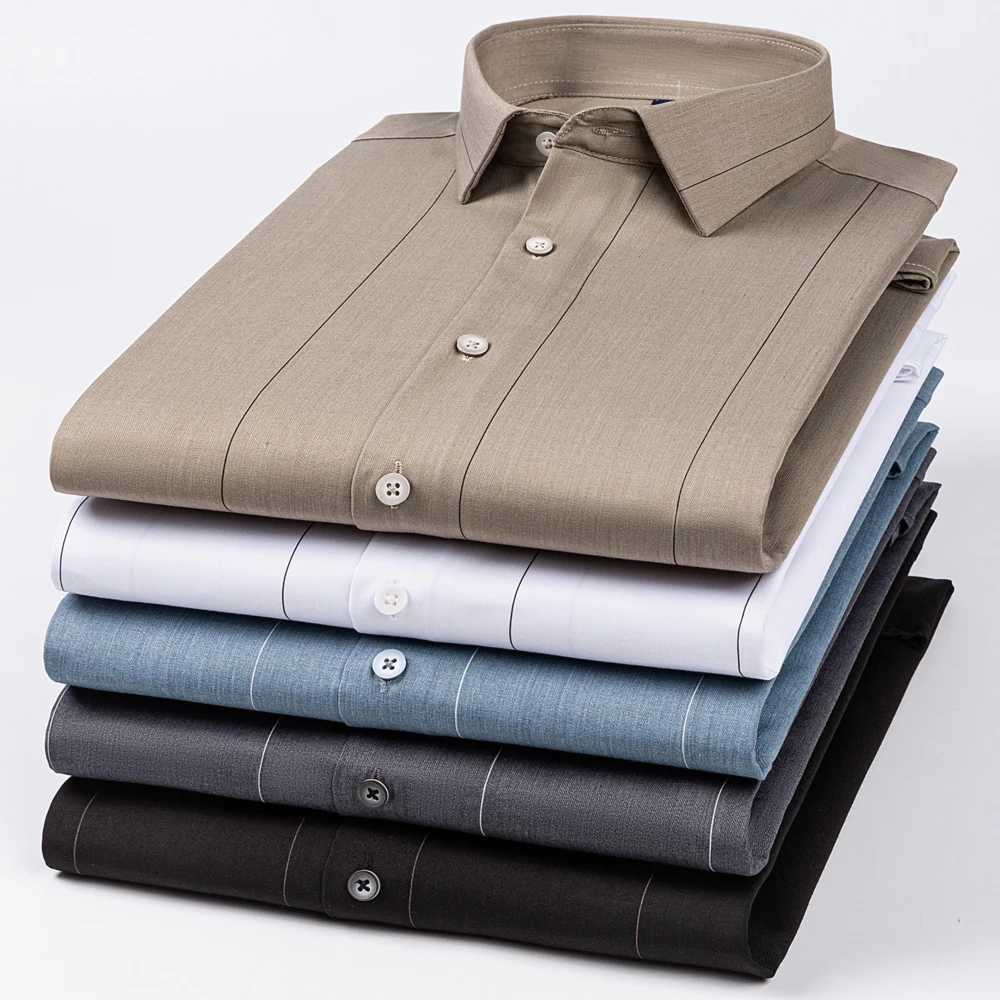 Mens Slight Strech Long Sleeve Striped Dress Shirts Without Pocket Comfortable Standard-fit Bamboo Fiber Geometric Print Shirt LX241017