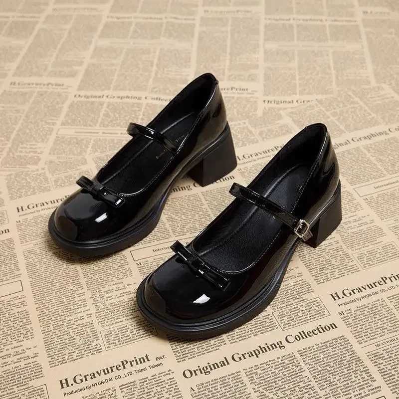 Bow High Heels Mary Janes Square High Heels Round Toes 2024 Hot Selling Shoes Womens Buckle with Spring/Automatic Solid Pump Y241017
