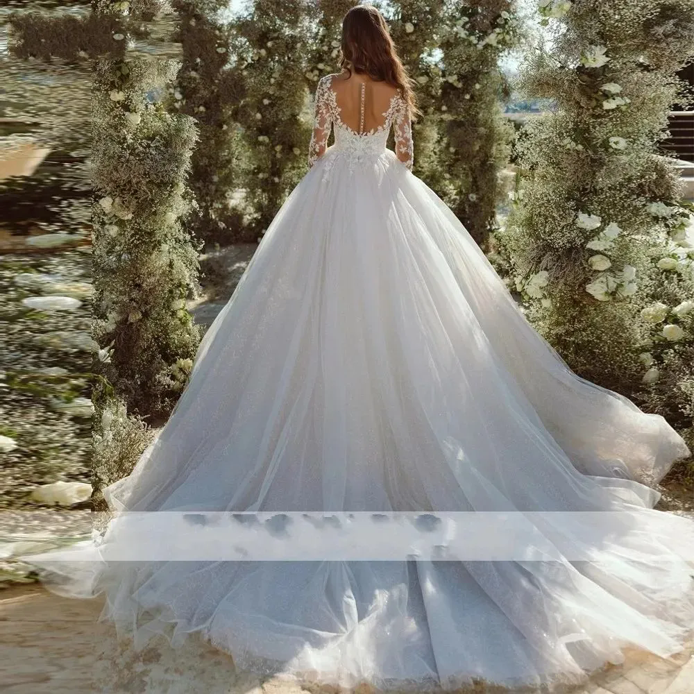 Vintage Saudi Arabia Dubai Ball Gown Wedding Dresses With Long Sleeves Glamorous Lace Appliqued Princess Church Bridal Gowns Plus Size Vestidos DeCust