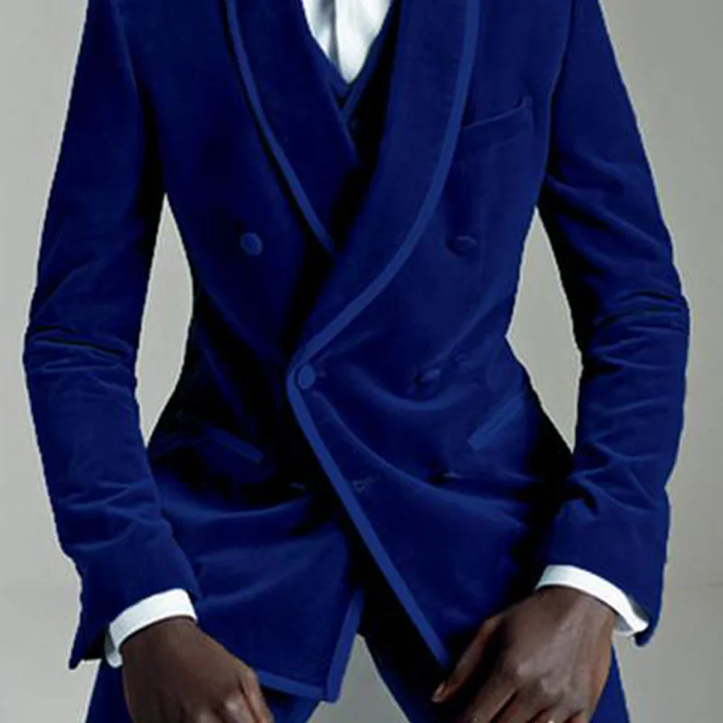African Velvet Men Suits Slim Fit With Double Breasted Wedding Tuxedo 3 Piece Male Fashion Costume Jacket With Vest For Prom