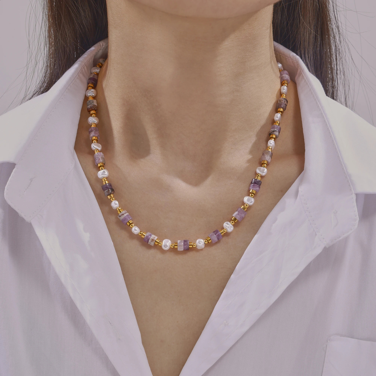 Bohemian amethyst necklace womens stainless steel bead chain s pearls womens necklace charm jewelry 241017