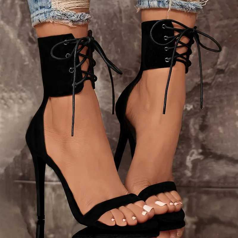 Sexy Open Toe Lace Hollow Cross Sandals hot for Womens Roman Shoes Side Zipper Thin High Heels Cool New Designer pumps Z241017