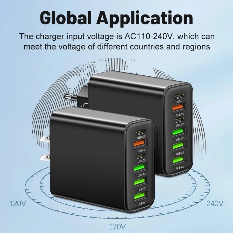 Total 65W 6 in 1 USB Type C Quick Charging Fast Wall Charger EU/US/UK Plug Dual Port USB-C + 4 USB Port Mobile Phone Power Adapter For iPhone Samsung 