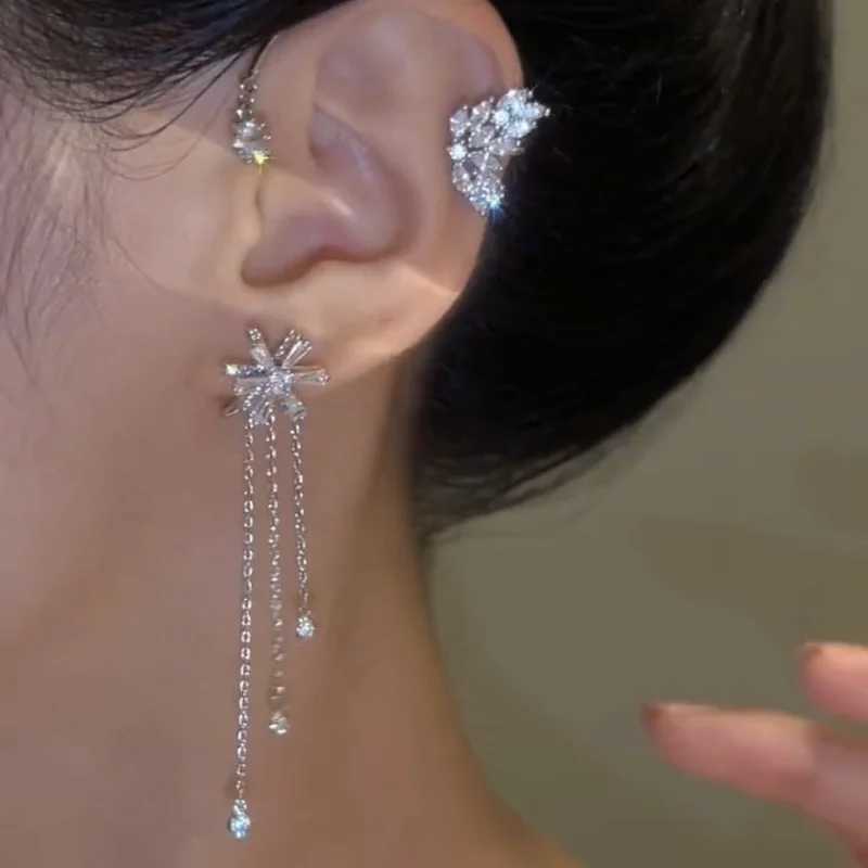Rotating flower earrings with fake perforated tassel earrings suitable for women to rotate shiny zircon unusual earrings with fashionable jewelry cuff