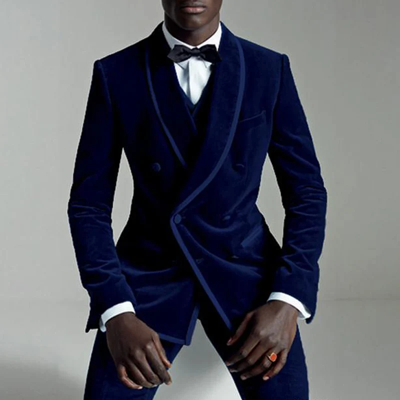 African Velvet Men Suits Slim Fit With Double Breasted Wedding Tuxedo 3 Piece Male Fashion Costume Jacket With Vest For Prom