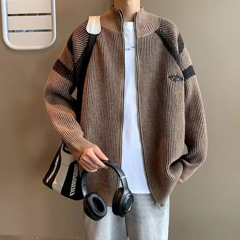 American Vintage Sweater Men Women Colorblock Panelled Zipup Cardigan Tops Standcollar Loose Longsleeved Casual Knit Unisex 241017