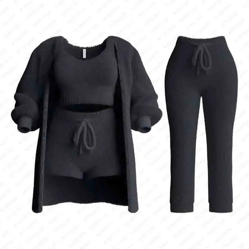 Womens Fuzzy 3-Piece 3 Pe Set O-Collar Cut Tank Top Long Sleeve Wool Warm Hooded Cardigan Shorts Set Casual Wear 241017