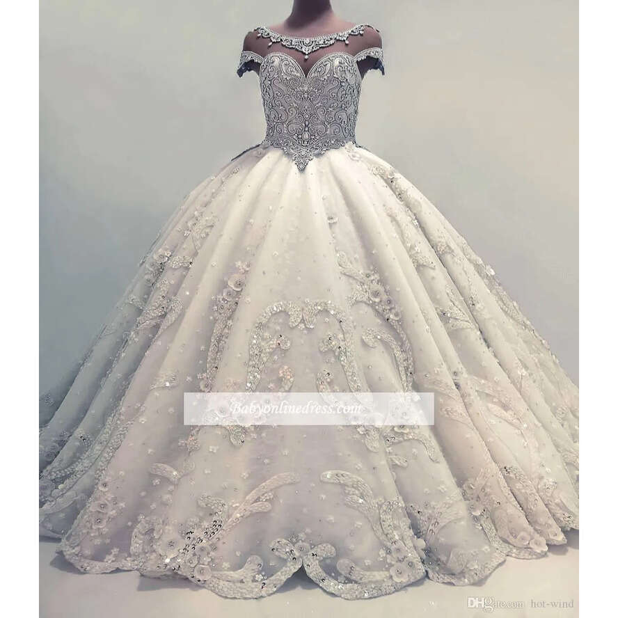 Capped Crystals Sleeves Beaded Dresses Crew Neck A E Tulle Ball Gown Lace Appliqued Wedding Bridal Gowns Custom Made ppliqued s
