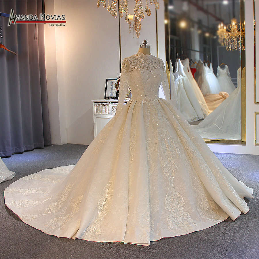 robe de soiree hot sale muslim wedding full lace cover beading dress