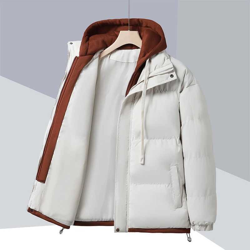 Patchwork Hooded Puffer Jacket Mens Thick Warm Winter Jacket Mens Cotton Pads Windproof Parkas Fake Two Piece Jacket X241017