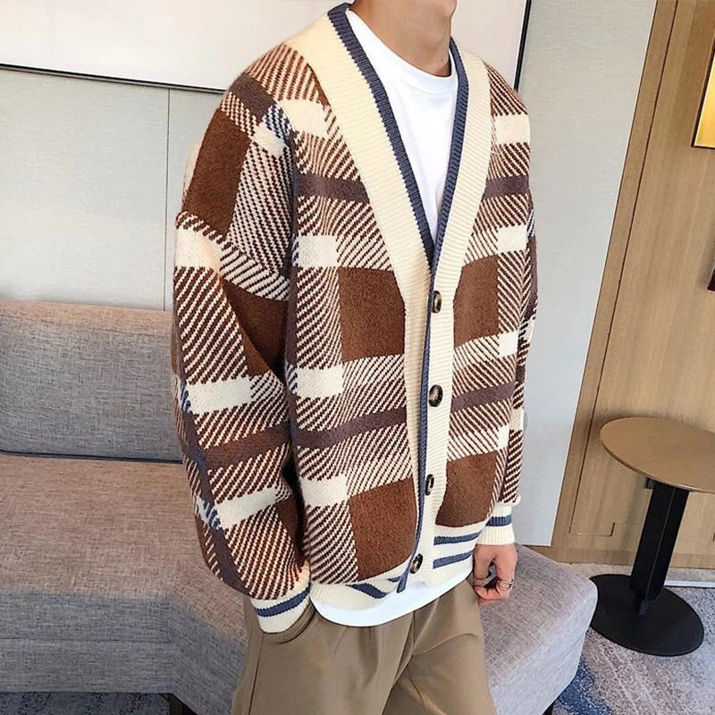 Autumn Mens Knitted Plaid Printed Buttons Cardigan Sweater Long Sleeve Streetwear Leisure Coat Fashion Check Knitwear 241017