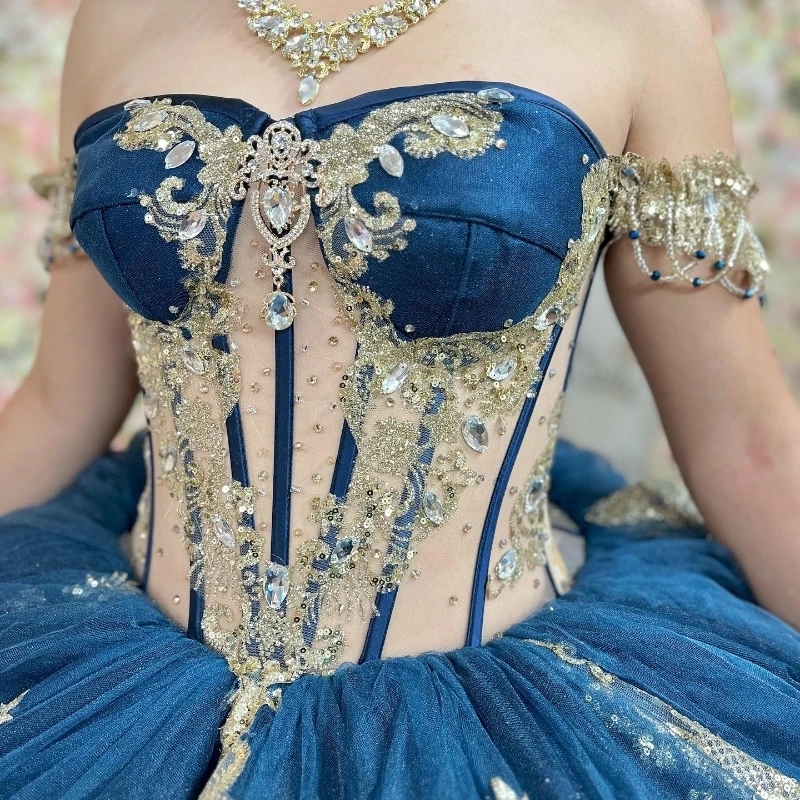 Navy Blue Quinceanera Dress Gold Applique Lace Beaded Off The Shoulder Party Birthday Dress Corset Vestidos De 15 Anos Sweet 16 Dress