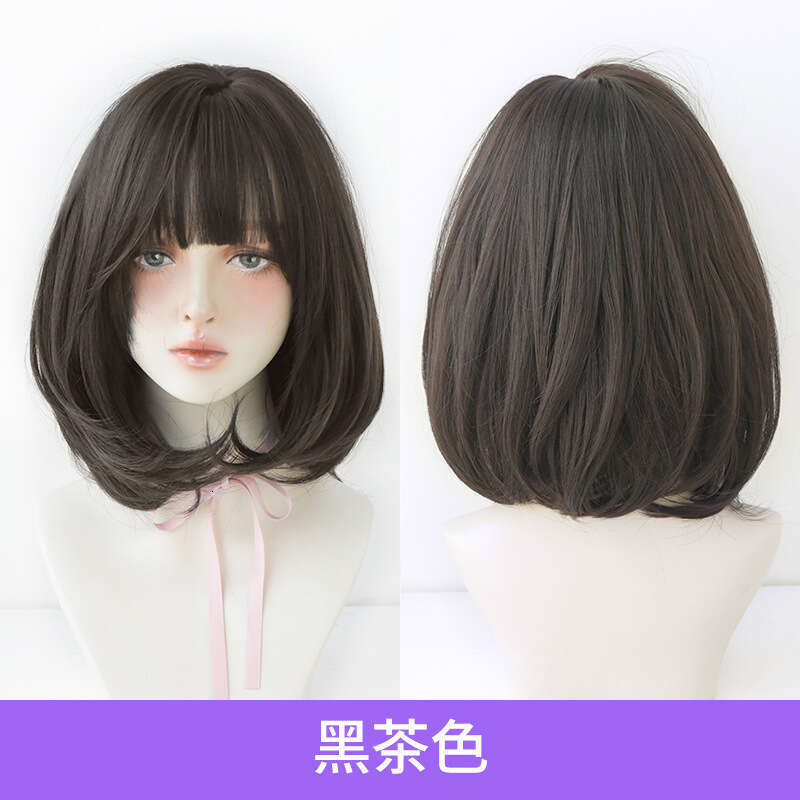 Women's Shoulder Length Bob Short Straight Hair Black Gold Spot Dyed Inner Button Layered Wig Full Head Set