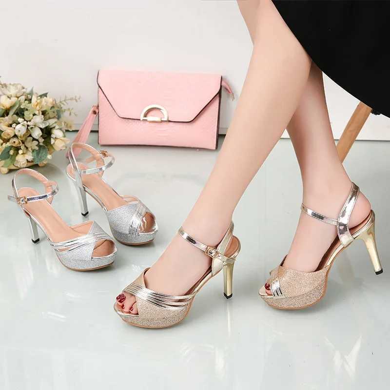 Womens Sandals 2020 Summer Womens Dress Shiny Wedding Silver High Heels Pump Women Zapatos Mujer 7217 Y241017