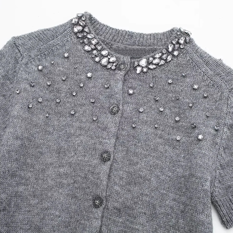 Cardigan Women's Sweater Pearl Knitted Tops Short Sleeve Knitwear With Button Jumpers Inszar Insz 2024 Sweter Damski Y2k Japan