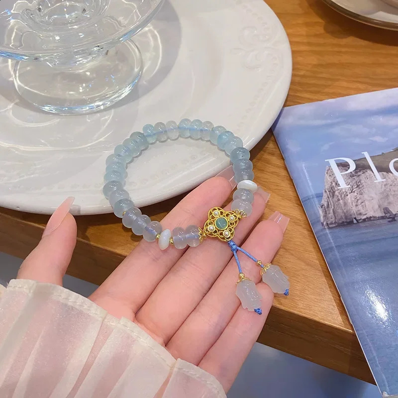 Elegant natural stone light blue Chalcedony beads womens bracelet gold fish tail flower pendant bracelet accessory 1252 241017