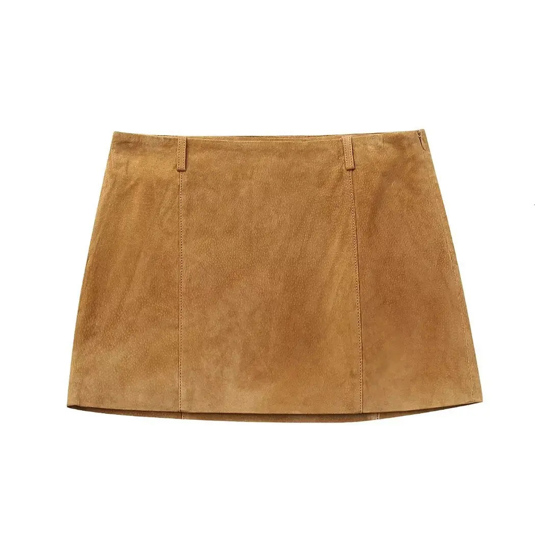 Womens Brown Zopper Short Coat Two-piece Autumn Winter 2024 Solid Color Lapel Suede Jacket Skirt Suit for Women 241017