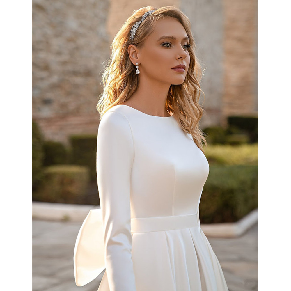 Satin Wedding Dress Muslim Bridal Dresses 2024 Long Sleeve Sweep Train A Line Bride Gown Robe Mariee Vestidos De Novia