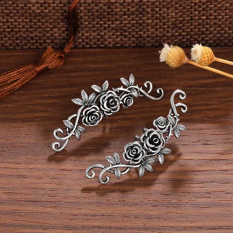 Huitan Aesthetic Flowers Clip Earrings Womens Rose Flower Climbing Earrings Fake Cuff Perforation Retro Elegant Womens Party Jewelry W241017