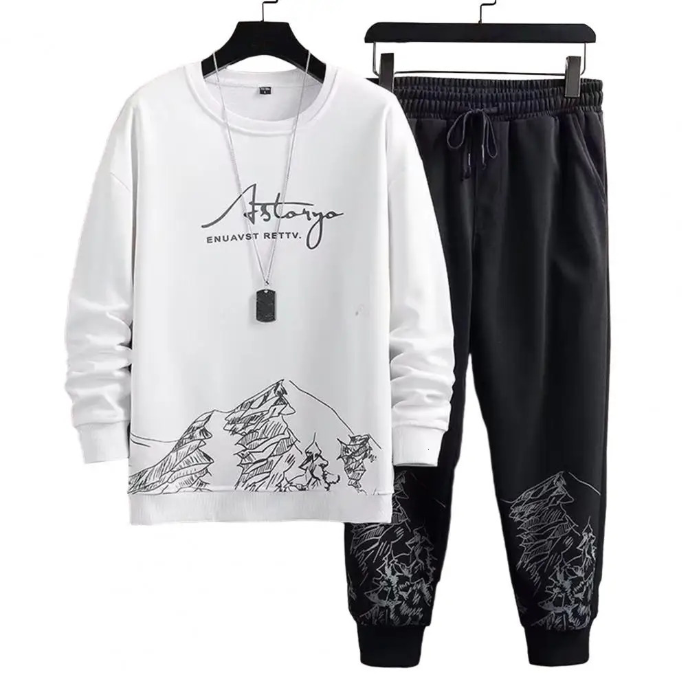 Comfortable Men Track Suit Mens Mountain Print Tracksuit Set with O-neck Sweatshirt Drawstring Jogger Pants for Autumn Winter 241017