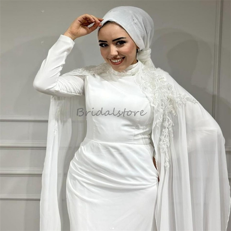 Modest Boho Muslim Wedding Dresses With Cape Sleeve Elegant Bohemian Lace Bridal Dress 2025 Chiffon Country Garden Islamic Bride Female Robe De Mariee