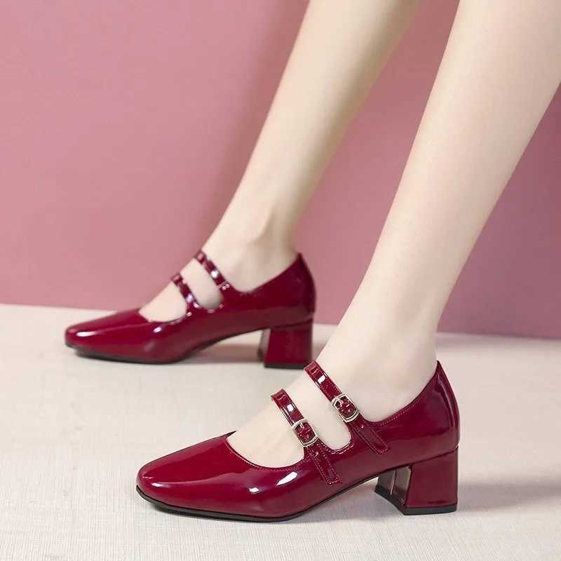 Womens Shoes 2024 Fashion Button Womens Pump Autumn Mary Jane Square Toe Shallow Solid Dress Party Short Fat High Heels Zapato Y241017
