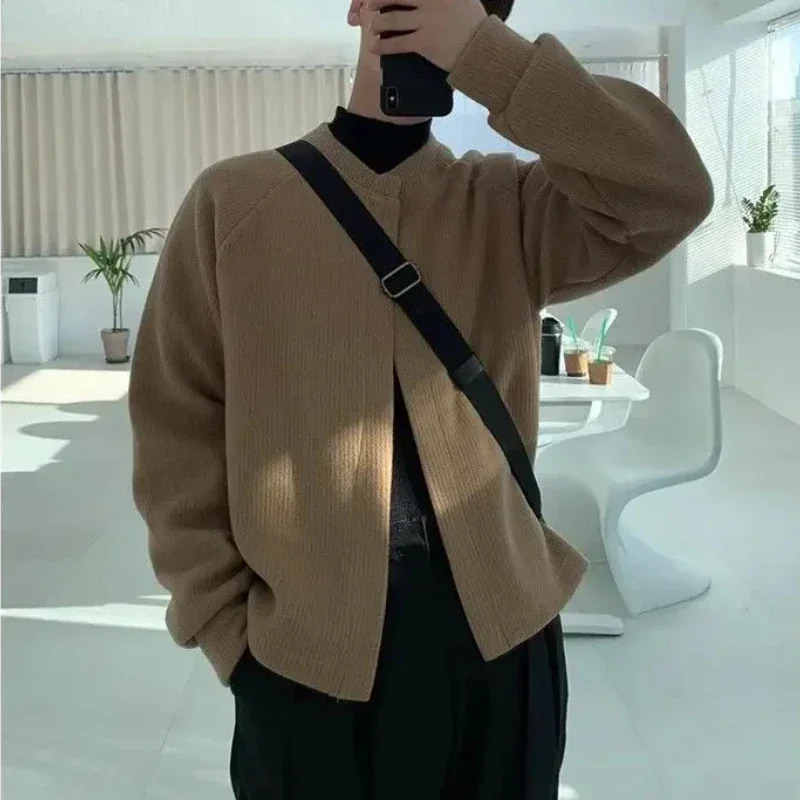 In Jackets High Quality Solid Color Clothing Deals 2024 Aesthetic Korean Fashion Knitted Cardigan Male Y2k Mens Sweaters 241017