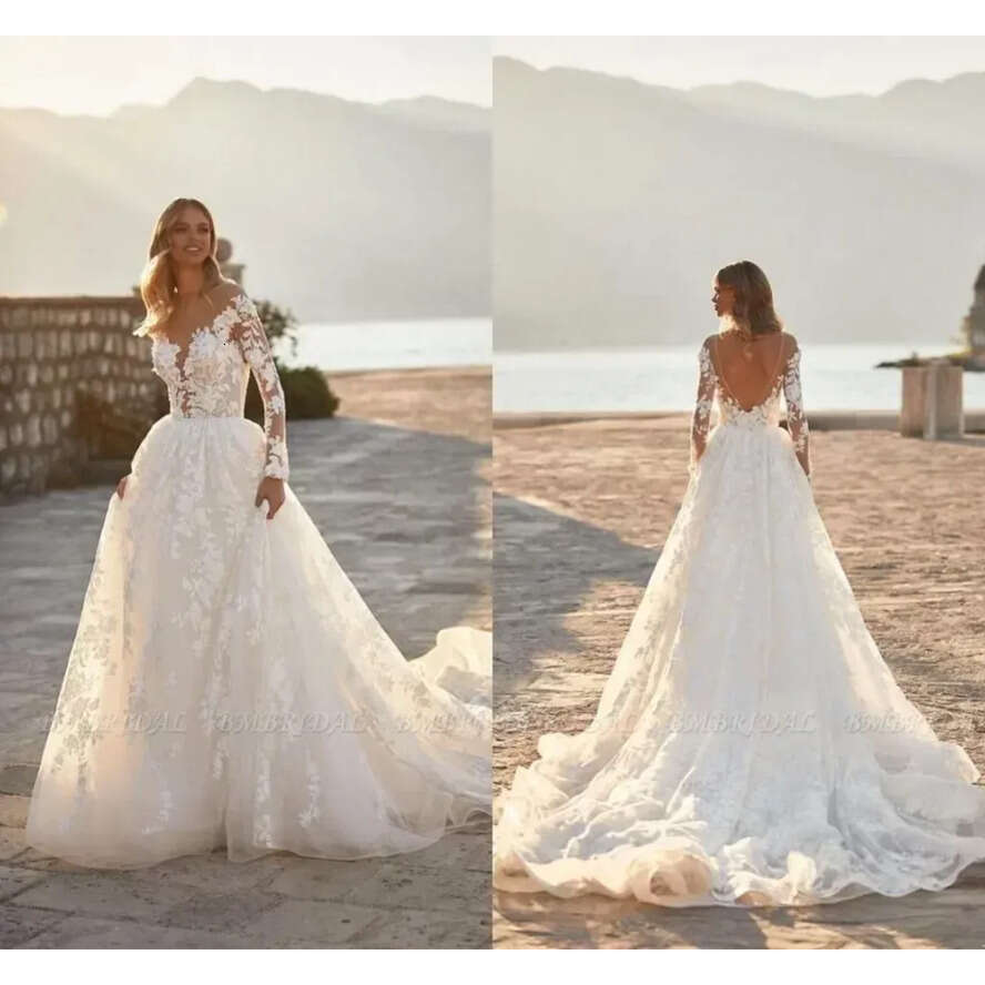Lace Wedding Full Vintage Dresses Arabic Dubai Sheer Long Sleeve Appliques Sexy Open Back Bridal Gowns Custom Made Robes Plus Size Bc15738