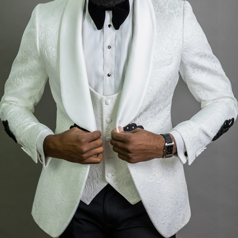Floral Pattern Wedding Suits for Mens Slim Fit 3 Piece Groom Tuxedo Male Fashion Costume White Blazer Vest with Black Pants