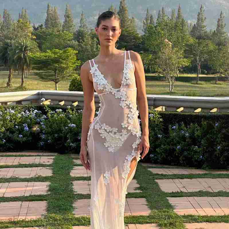 Basic Casual Women Dresses new deep V sexy backless camisole dress with mesh perspective three-dimensional flower dress