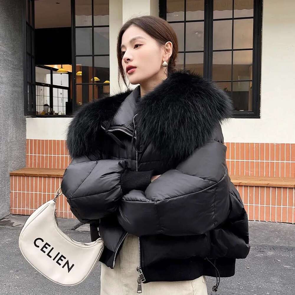 New 2024 Winter Puffer Jacket Women Thick Warm Short Parkas Real Natural Raccoon Fur Female Loose 90% White Duck Down Coat