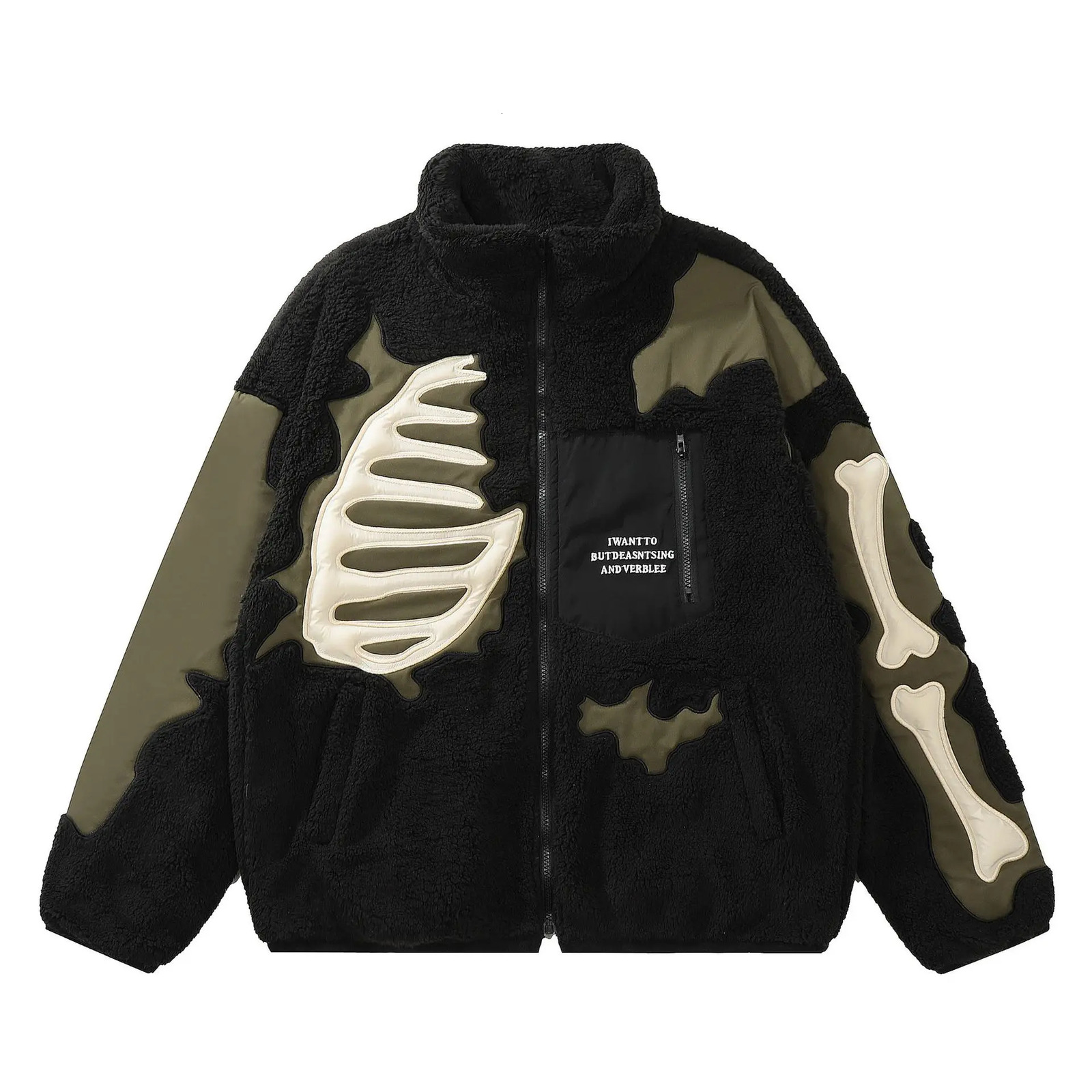 Hip Hop Fleece Warm Jacket Men Embroidery Skull Skeleton Bones Patch Lambswool Fuzzy Fluffy Coats Parka Harajuku Thicken Jackets 241017