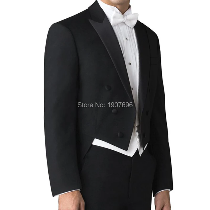 Wedding Man Tail Coat for Groom Tailor Made Suits Double Breasted 3 Piece Set Black Jacket with Pants White Vest for Prom Stage