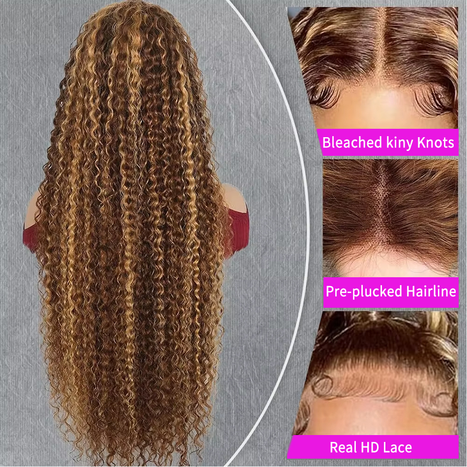 30 32 Inch Curly 13X6 Highlight Wigs Human Hair 100% HD Transparent Lace Front 4/27 Ombre Brown 13X4 Deep Wave Frontal Wig