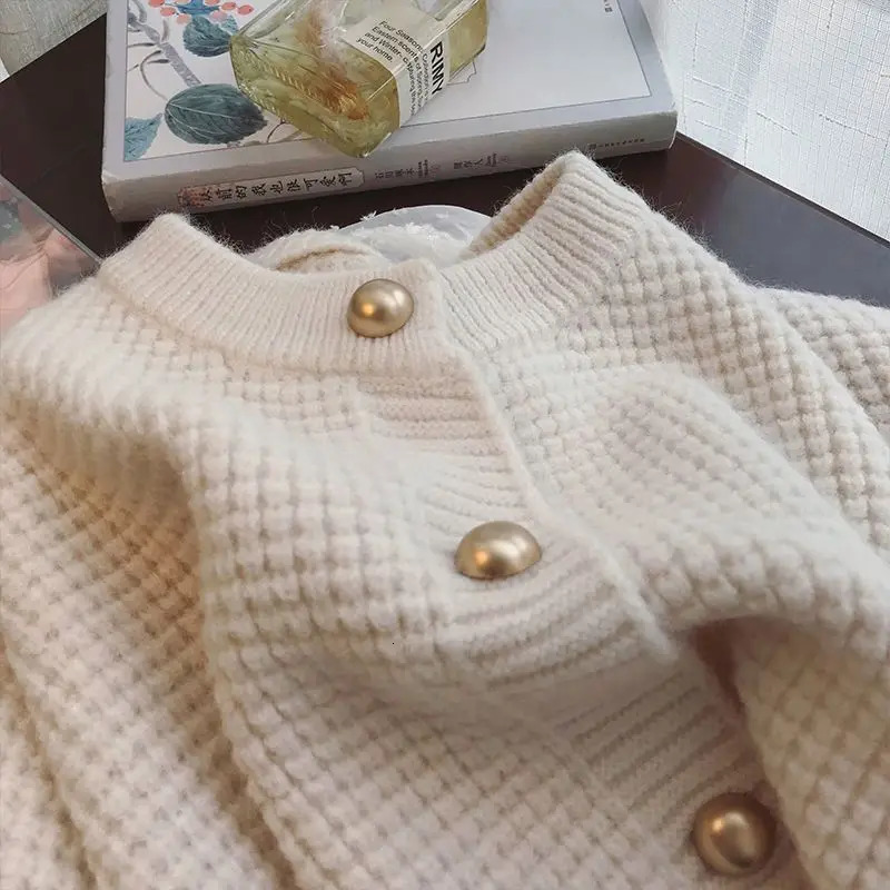 Autumn Winter Round Neck Long Sleeve Fashion Sweater Women Solid Color Waffler Button Cardigan Elegant All-match Chic Tops 241017