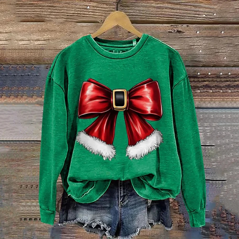 Womens Casual Sweatshirt Christmas Bow Print n Autumn Thin Girls Gift Holiday Premium Hoodie 241017