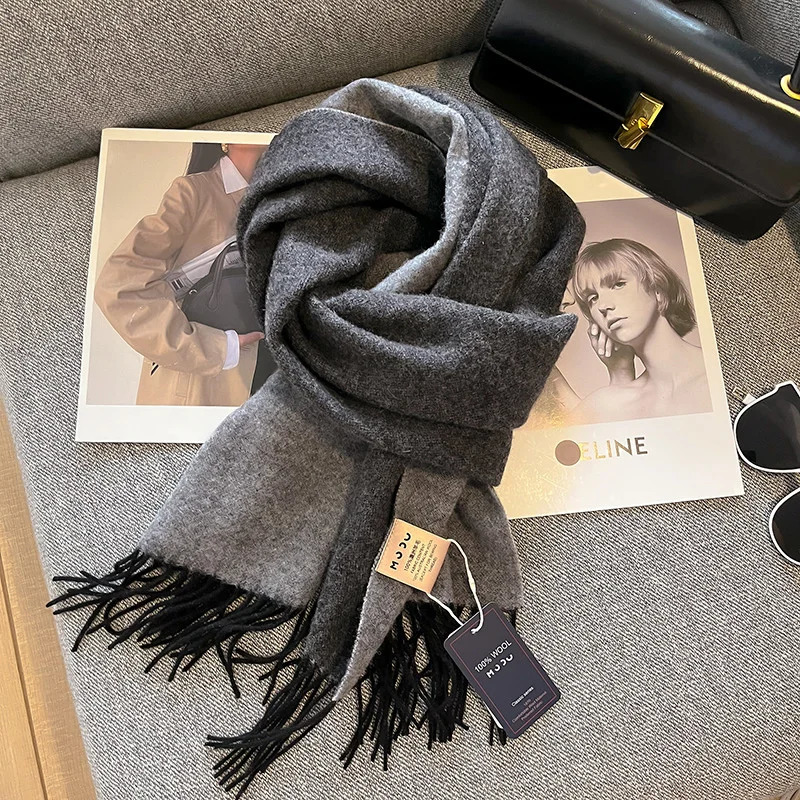 100% wool scarf womens British style Tatar solid cashmere with tassels winter warm neck 241009
