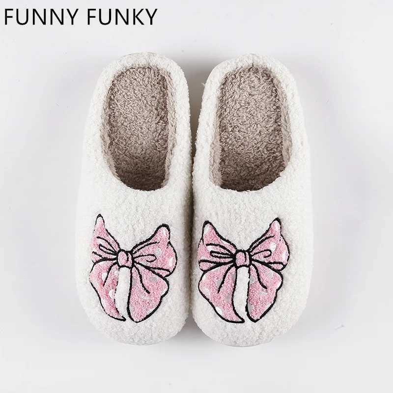Womens winter slippers with butterfly bows comfortable home slippers made of wool for indoor use and couples non slip living room shoesCL241017