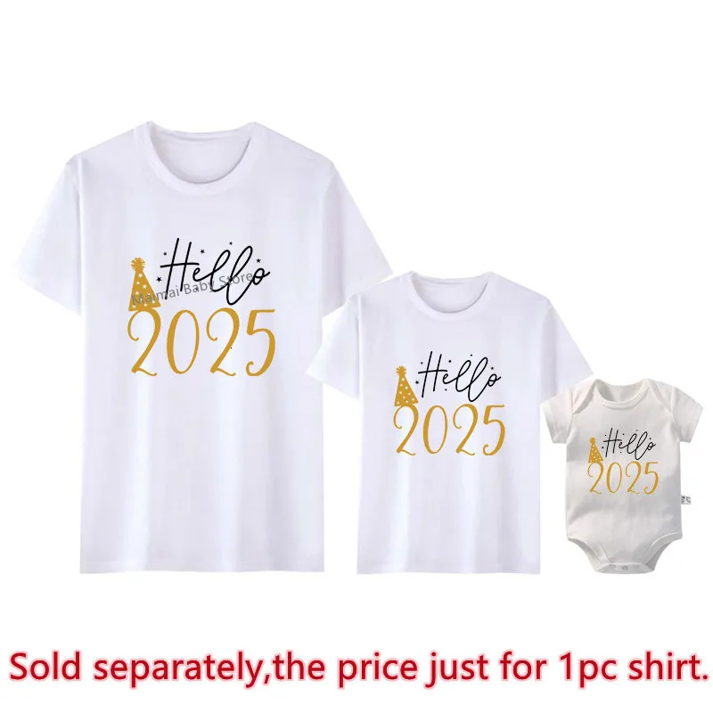 Hello 2025 Family Matching Outfits Cotton Mother Father and Daughter Son Kids Tshirts Baby Romper Look Years Clothes 241017