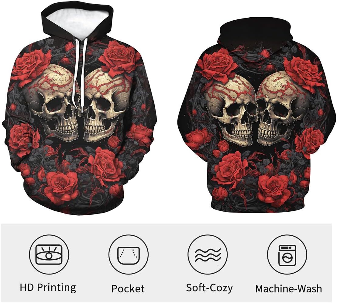 Hoodie for Mens Womens Mens Novelty Skull Graphic Hoodies Rose 3D Printed Sweatshirts Pocket Hooded Graphic Hoodies sweatshirt Pullover Long Sleeve co