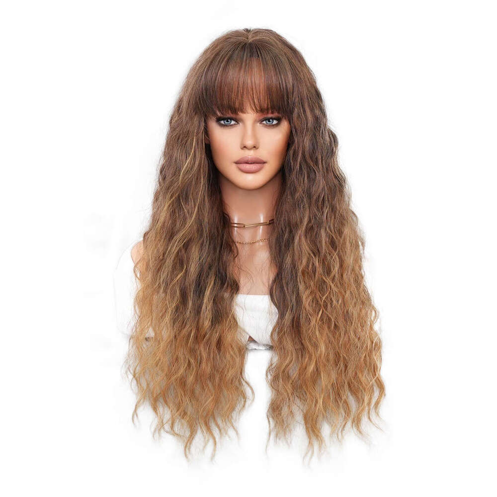 Women's New Wig Gradient En Brown Deep Wave Bangs Long Curly Hair Deep Wave Wigs