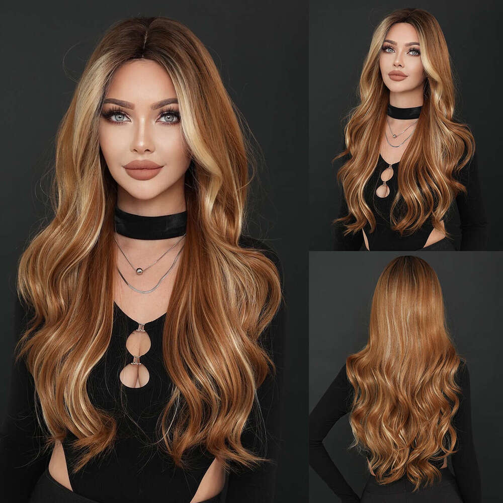 New Intermediate Color Wig With Long Curly Hair In Amber Brown, Dyed Gold Synthetic Fiber Full Head Cover