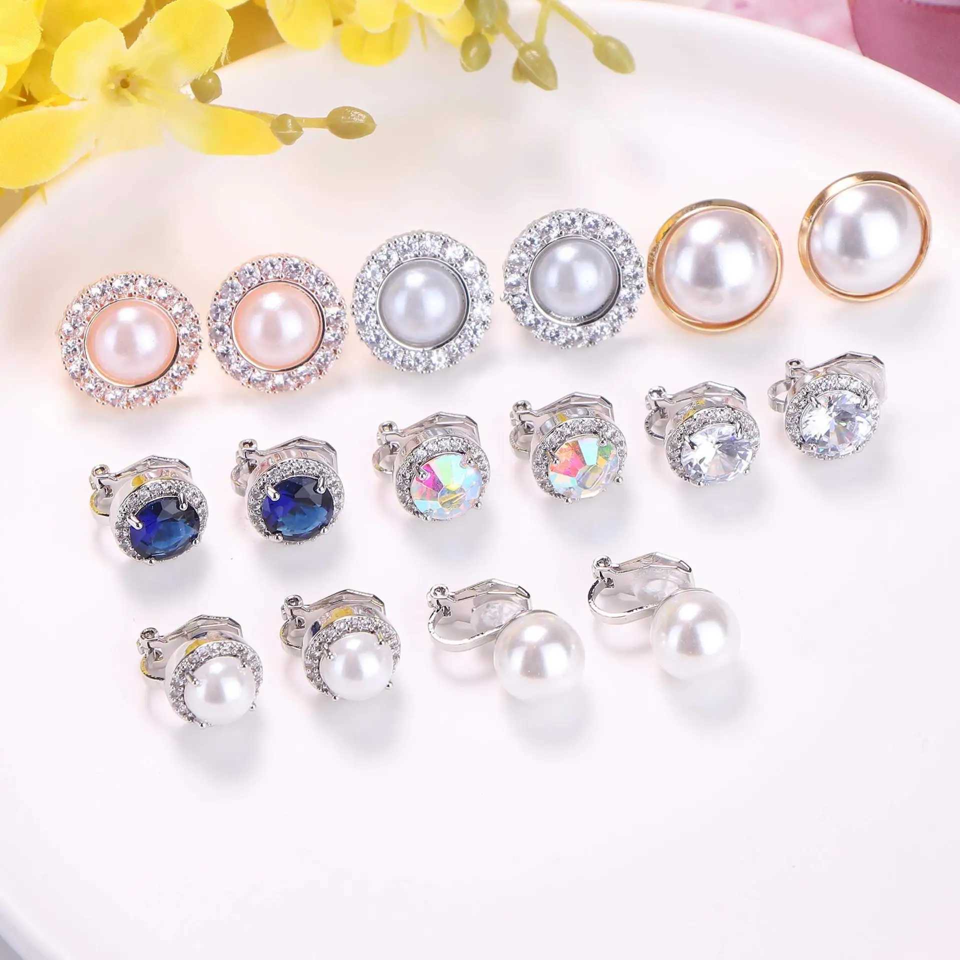 1 pair of candy colored geometric zircon pearl earrings European earrings Womens earrings clip fake perforated earrings W241017
