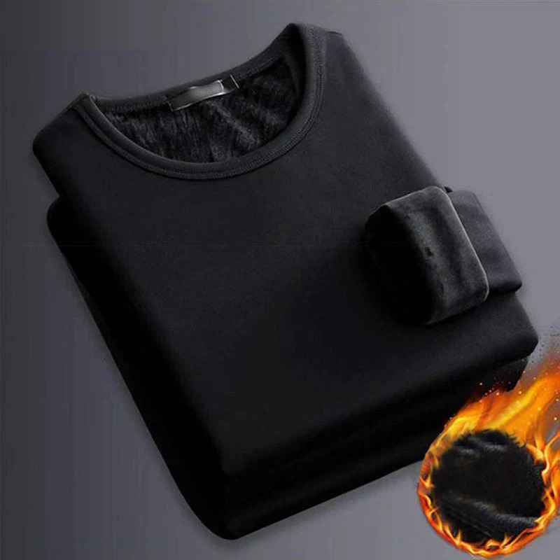 Epligg Mens Long-sleeved Winter Thermal Underwear Plus Velvet Padded T-shirt Slim Solid Color O-Neck Bottoming Shirt 241017