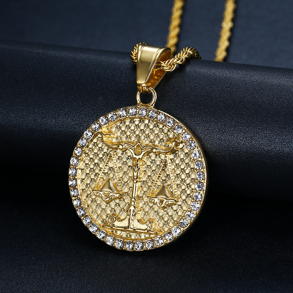 Retro 12 Constellations Round Pendant Necklace Stainless Steel 18K Gold Plated Jewelry Gift