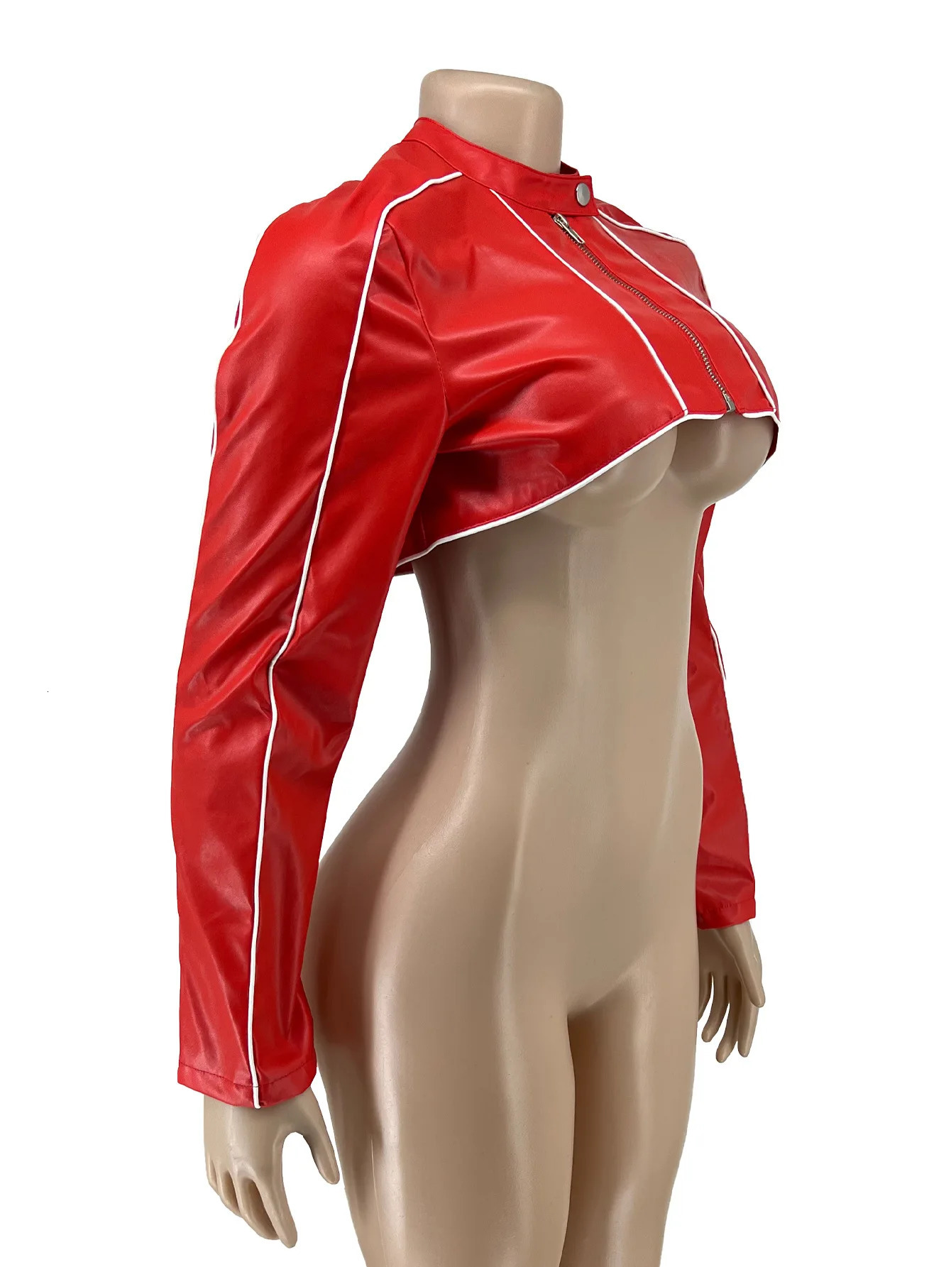 Red jacket womens Pu leather long sleeved crop top with zipper Pu leather jacket womens patented leather cutting jacket short jacket 241017