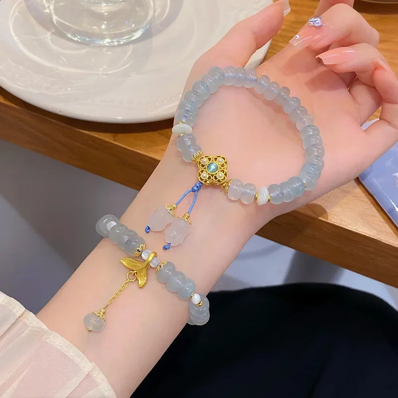 Elegant natural stone light blue Chalcedony beads womens bracelet gold fish tail flower pendant bracelet accessory 1252 241017