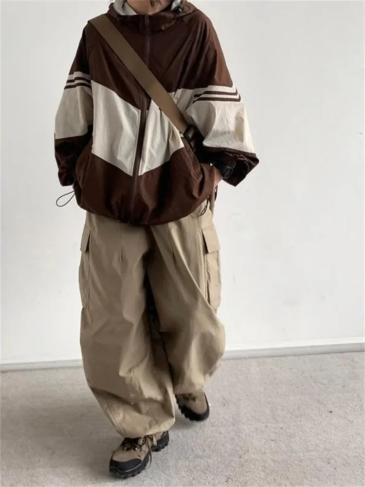 QWEEK Y2K Gorpcore hooded jacket womens Japanese style retro quick drying green jacket oversized Harajuku retro thin brown top 241017