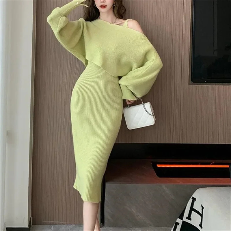 2024 Womens Knitted Sweater Tank Dress 2-piece Set Long Sleeve Off-the-shoulder Fashionable Autumnwinter Dress 241017
