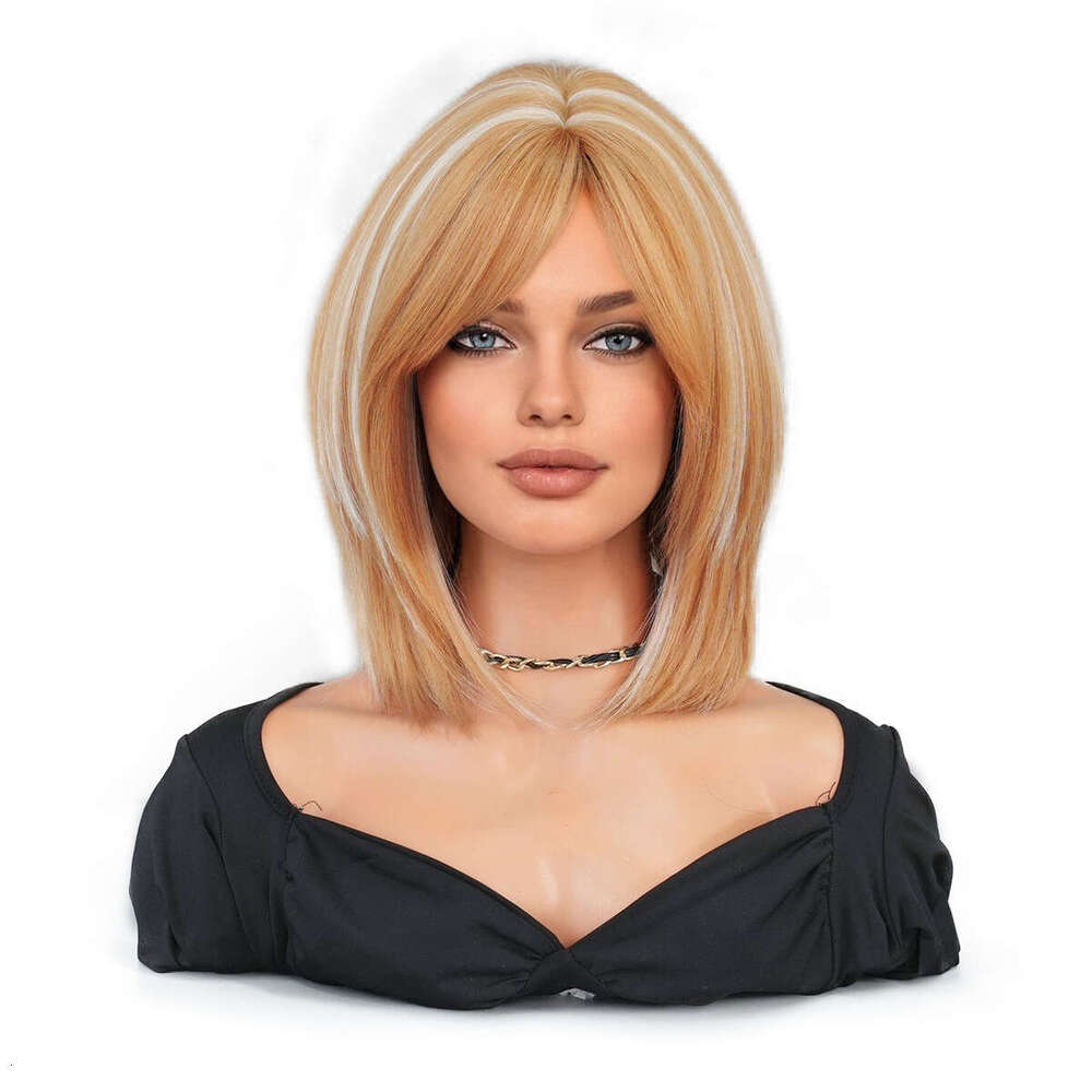 Girls' Gold Dyed White Bob With Slanted Bangs, Short Straight Hair, Synthetic High-Temperature Silk Wig